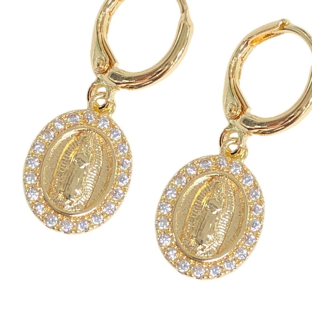 Laminated Gold virgin Mary Gold Earrings Leverback Religious Dangle Drop Earring